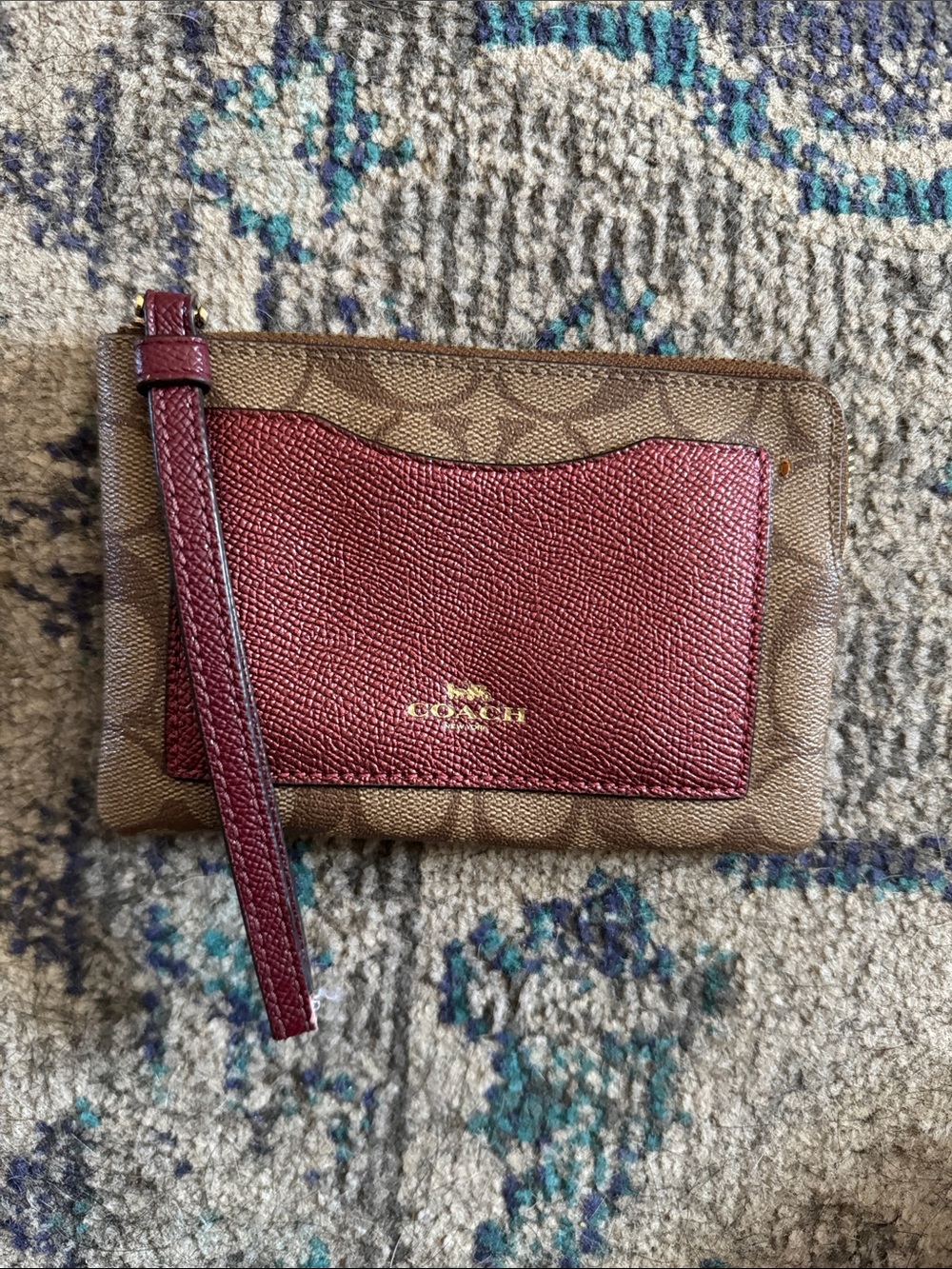 Coach Brown and Pink Accent Signature Wristlet Zip Card Case